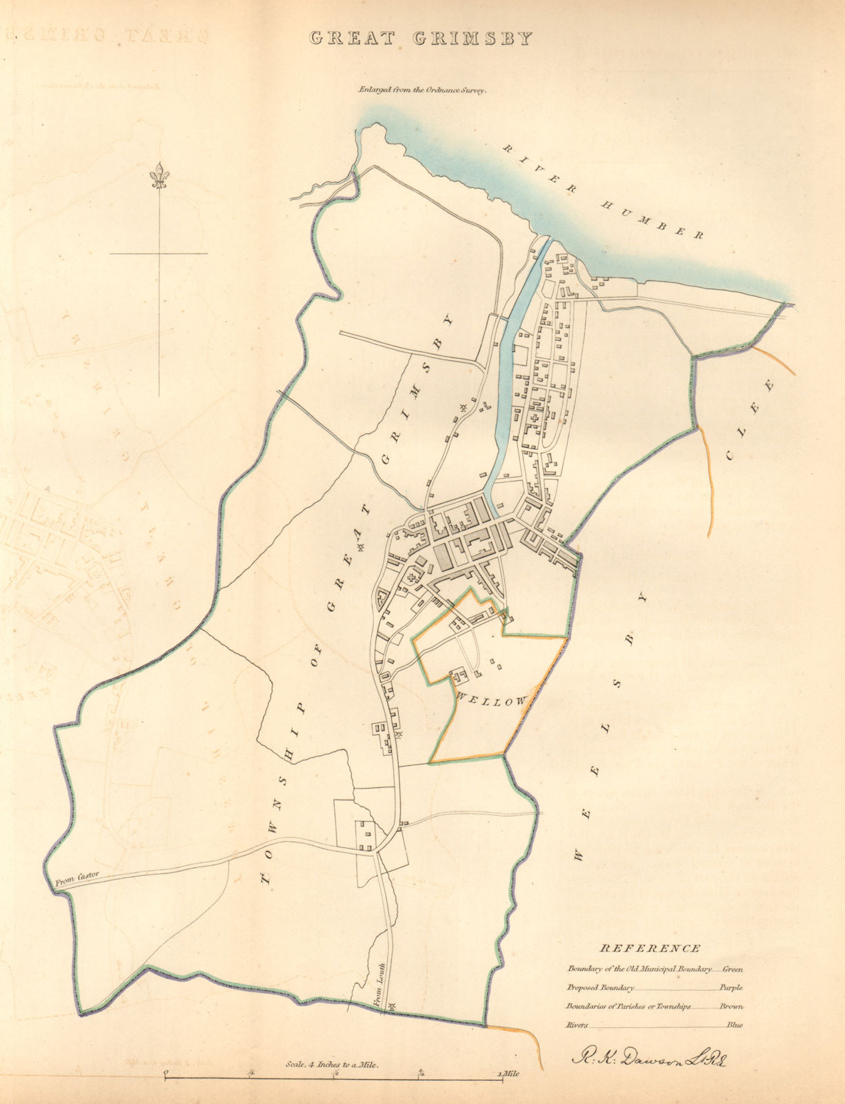 GREAT GRIMSBY borough/town/city plan. BOUNDARY COMMISSION Lincs. DAWSON 1837 map